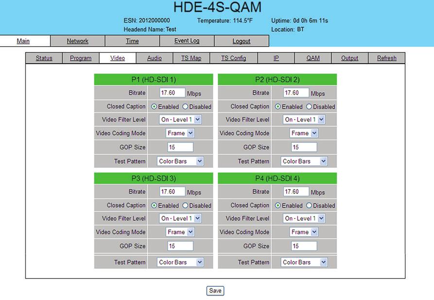 HDE-S-QAM. "Main > Video" Screen The Main > Video screen (Figure.) is a user-configurable screen to select the video encoder parameters for each input program: 6 6 Figure.