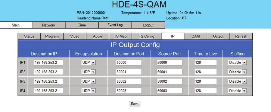 HDE-S-QAM.8 "Main > IP" Screen The Main > IP screen (Figure.8) is a read and write screen to assign the IP parameters for the TS: 6 Figure.