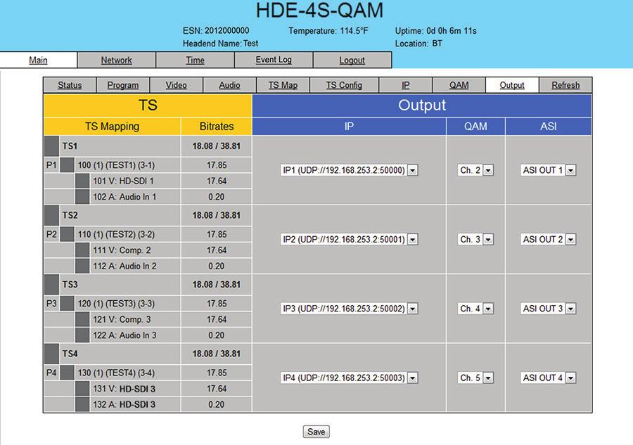 6 HDE-S-QAM.0 "Main > Output" Screen The Main > Output screen (Figure.0) is a read and write screen to assign each TS to their desired IP, QAM, and ASI outputs: Figure.