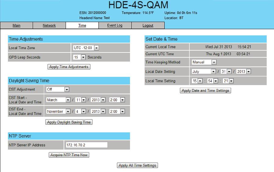HDE-S-QAM. "Time" Screen The Time screen (Figure.) is a read and write screen that allows you to set the current date and time for the HDE- S-QAM.