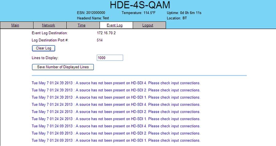HDE-S-QAM. "Event Log" Screen The Event Log screen (Figure.) is a read and write screen where the following parameters can be displayed or configured.