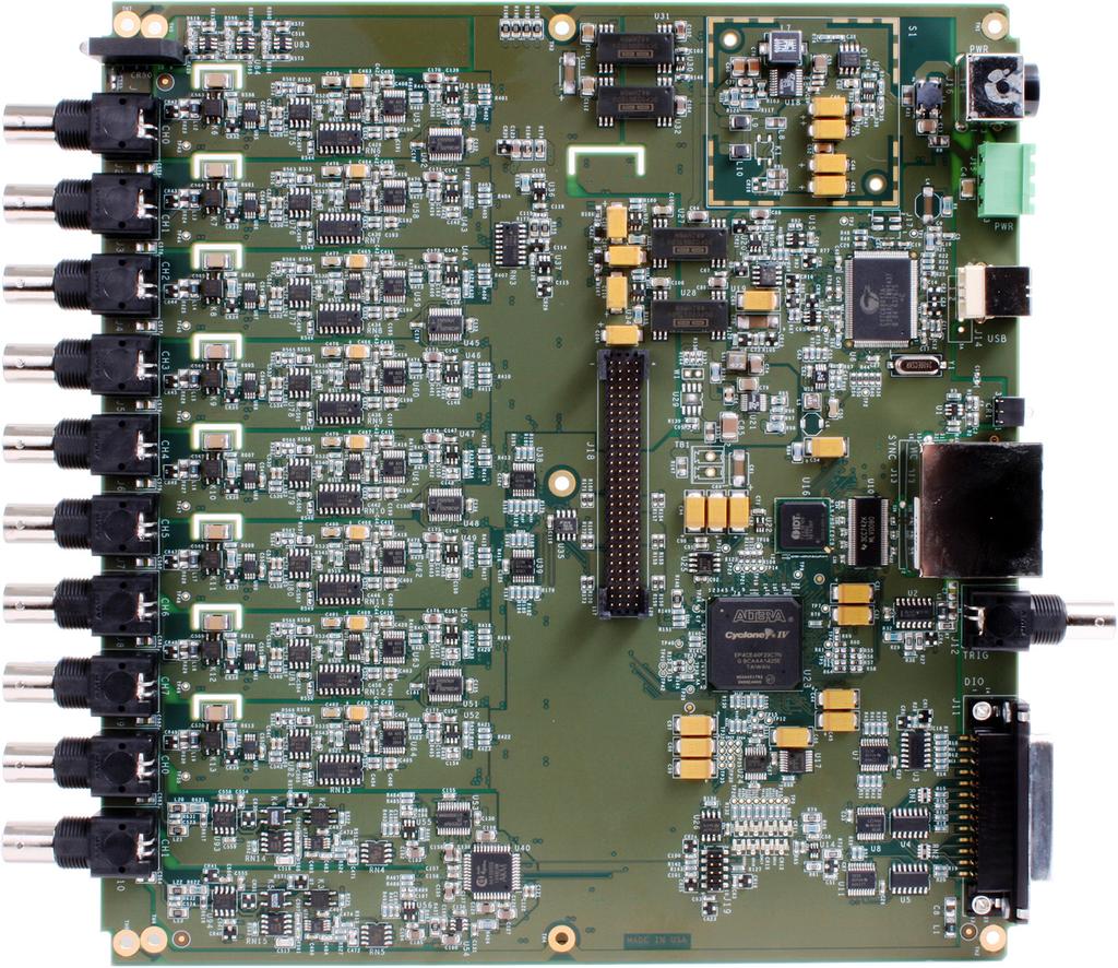 8 IEPE Input Channels Header for 475 to 28V power Capacitor notch minimizes error voltages due to vibration or board stress Sync Bus Connectors DIN Connector for 475 to 28V power Locking USB
