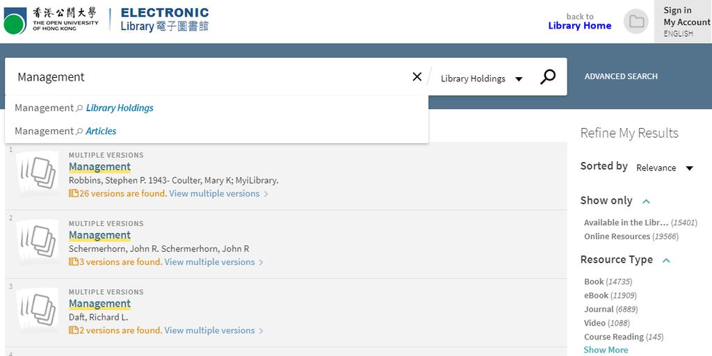 Finding Library Materials Electronic Library Under Library Holdings, users can search for printed library materials, databases, ebooks and journals, and course reserves.