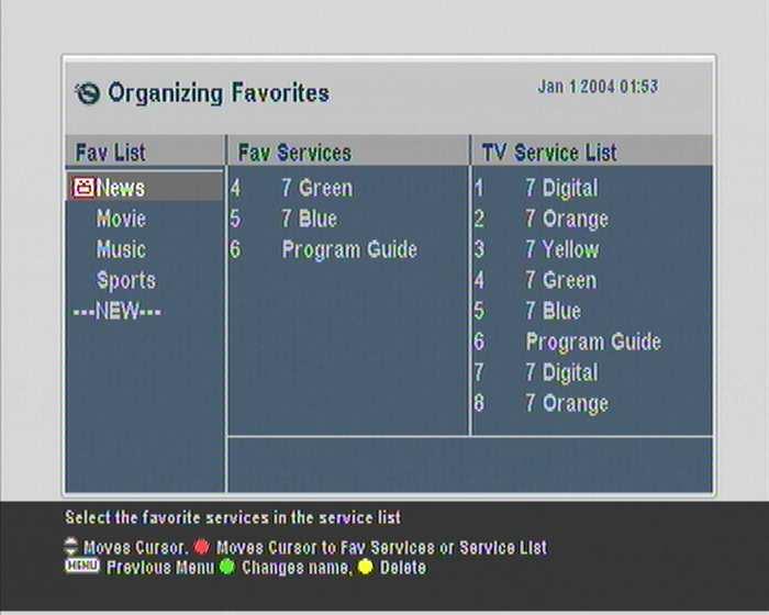 38 Listing Services Provider by broadcaster 6.2 Editing the favourite list You can make your own favourite services list.