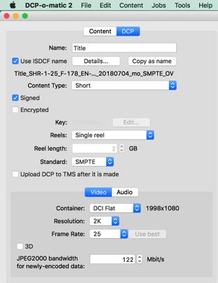 1. DCP-settings in the DCP-tab Select the DCP-tab. You will see all properties. In the name field, enter the title of your film. The number of characters is limited.