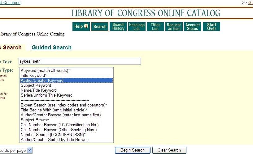 I do a search in the Library of Congress Catalog