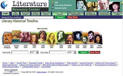 Getting Started with Literature Resource Center Performing a Literary-Historical Timeline Search To perform a Literary-Historical Timeline Search follow the link on the Literature Resource Center