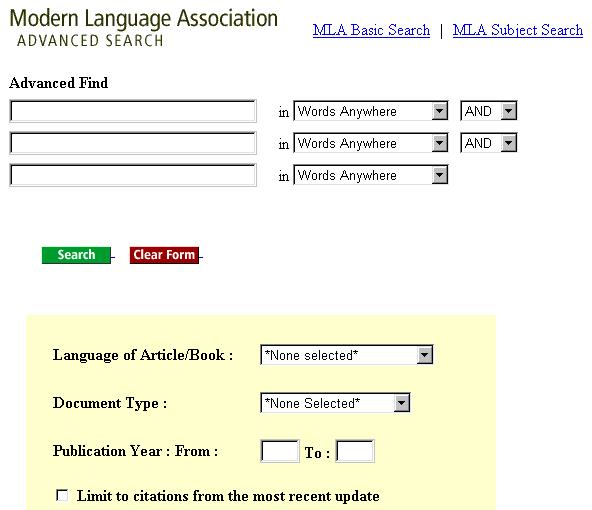 Getting Started with Literature Resource Center MLA Advanced Search MLA Advanced Search allows you to construct more powerful field searches using Boolean search operators.