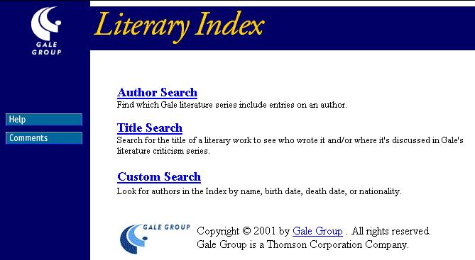 Getting Started with Literature Resource Center Performing a Literary Index Search s Literary Index is a free online index accessed by clicking the Literary Index button on the navigational bar at
