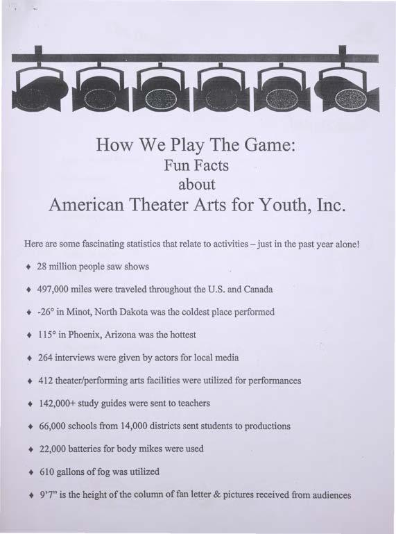 How We Play The Game: Fun Facts about American Theater Arts for Youth, Inc. Here are some fascinating statistics that relate to activities-just in the past year alone!