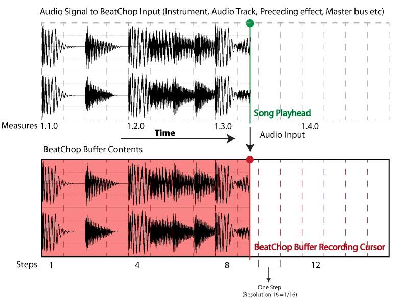 Here's how it works: When your song plays, BeatChop continuously records the incoming audio from its inputs, to an internal buffer.