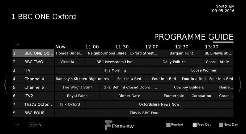 You can view the start and end time of all programmes and on all channels for the next 7 days and set reminders.