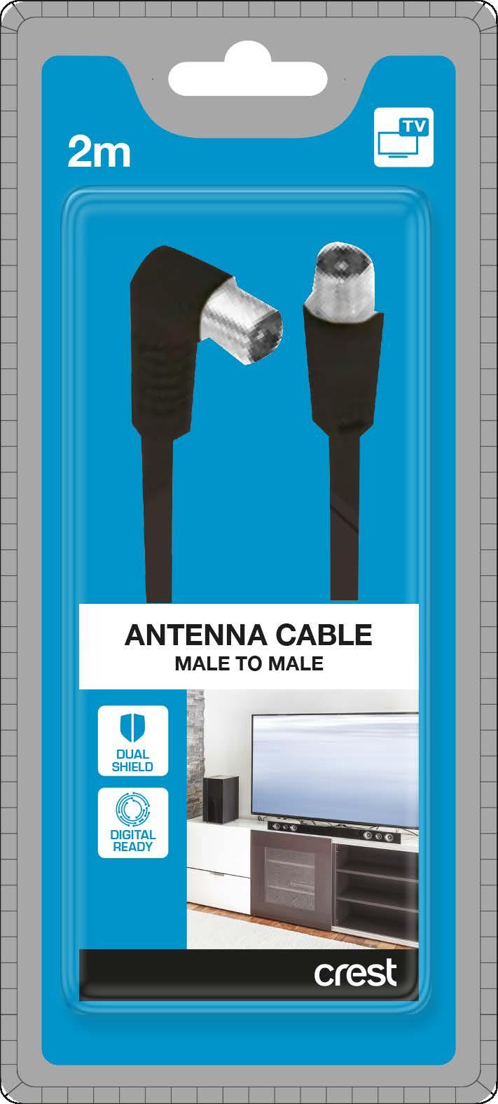 TV Antenna Cable - Dual Shield Male to Male 2m New Product This Crest TV antenna cable with right angle connector is ideal for space saving when connecting it to tight spaces as a wall mounted flat