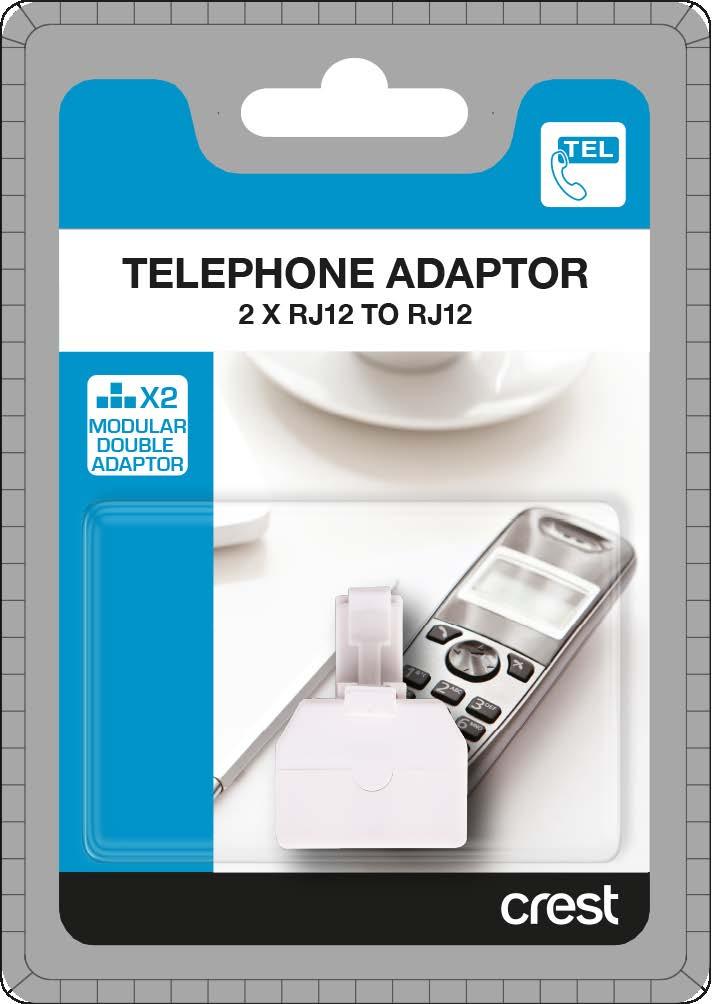 Telephone Modular Double Adaptor - 2 x RJ12 sockets to RJ12 plug This Crest Telephone Double Adaptor allows you to run up to two telephone