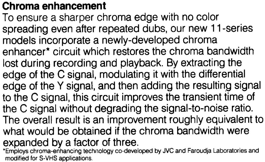 '"" Chroma enhancement To ensure a sharper chroma edge with no color spreading even after repeated dubs, our new 11-series models incorporate a newly-developed chroma enhancer* circuit which restores
