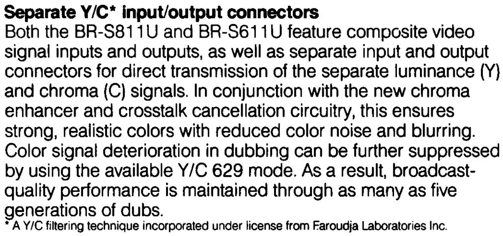 Separate y/c* Input/output connectors Both the BR-S11 U and BR-S611 U feature composite video signal inputs and outputs, as well as separate input and output connectors for direct transmission of the