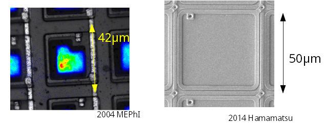 Figure 3: Microscope pictures of the cells of an early SiPM from MEPhI from 2004 on the left (picture from C. Merck) and on the right a recent device from Hamamatsu (picture from Hamamatsu).