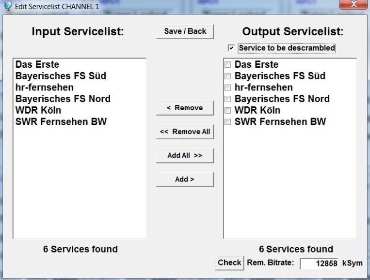 By clicking on a service in the input list and clicking on the command Add, this service is added to the output list (also double-clicking on a service in the input list automatically adds it to the