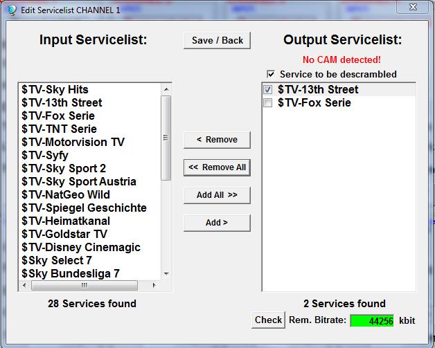 Clicking on a service in the output list and clicking on the command Remove removes this service from the output list (also double-clicking on a service in the output list removes the service