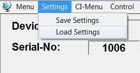 Storage of settings With the menu point Save Settings it is possible to save the programming onto the PC.