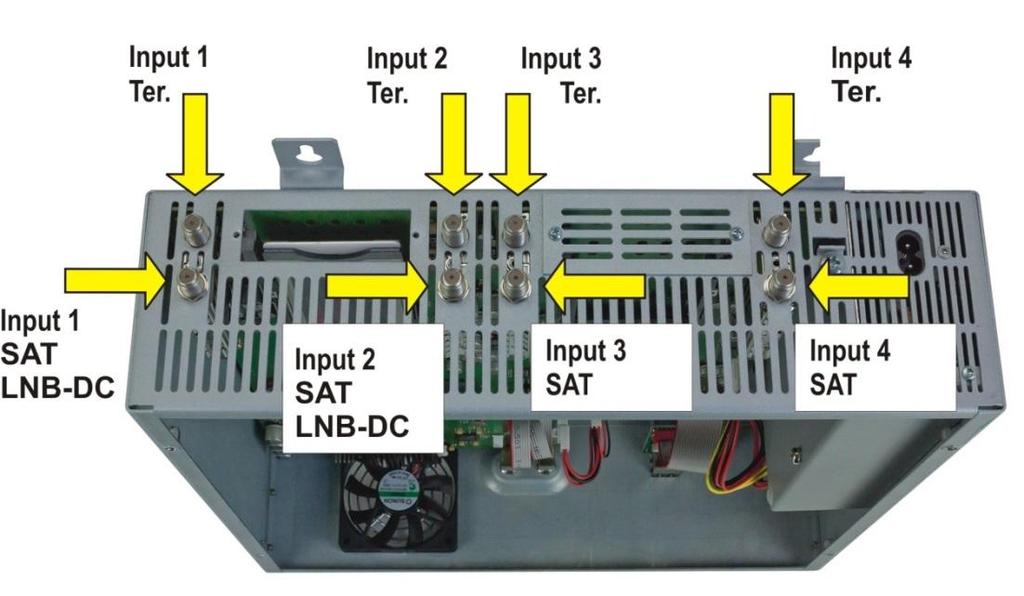 7. Installation Connection of the input signals Connect SAT signals directly or via splitter to the SAT tuner inputs. At input 1 and 2 there are 12 V DC for the supplying of the LNB.