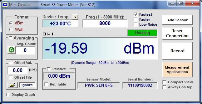 Wide Dynamic Range USB Smart Power Sensor 50Ω 1 MHz to 8000 MHz Product Features Wide bandwidth, 1 to 8000 MHz 50 db Dynamic Range, -30 to +20 dbm Good VSWR, 1.1:1 typ.