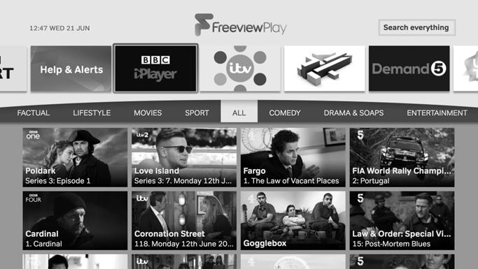 Freeview Play Menu FREEVIEW PLAY MENU Freeview Play Freeview Play brings together live TV viewing with catch-up TV services such as BBC iplayer, ITV player, More4 and Demand 5.