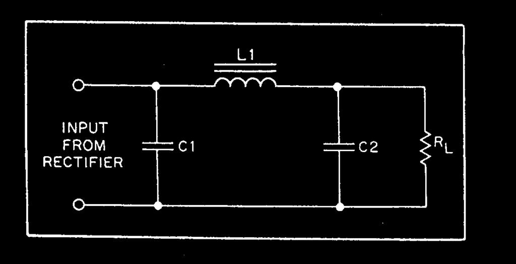IN ANSWERING QUESTIONS 3-46 THROUGH 3-48, REFER TO THE FOLLOWING FORMULA: Figure 3D. LC capacitor-input filter. IN ANSWERING QUESTIONS 3-43 AND 3-44, REFER TO FIGURE 3D. 3-43. Components L1 and C2 form what type of circuit?