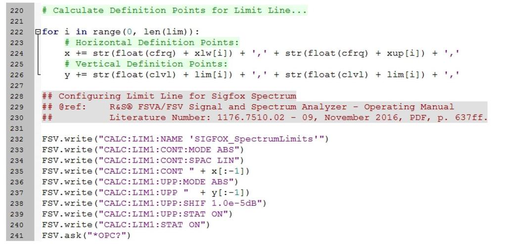Lines 38 to 40 of the Script 1MA294_SigFox_Spectrum_Analysis_V1.3c.py define lists including the limit line information as used for the limit lines.