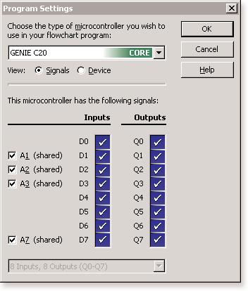 First of all, you need to tell GENIE which type of chip you are using. To do this, click on the Microcontroller button on the toolbar and choose Program Settings.