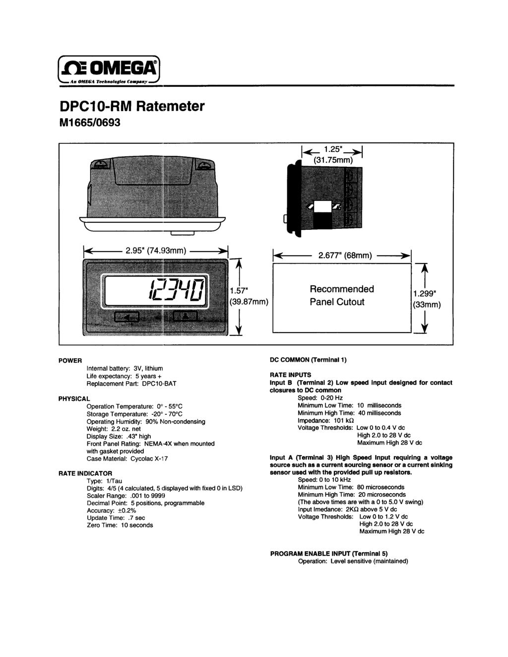 DPCI 0-RM Ratemeter Ml 665/0693 2.677 (68mm) IW Recommended Panel Cutout T1.