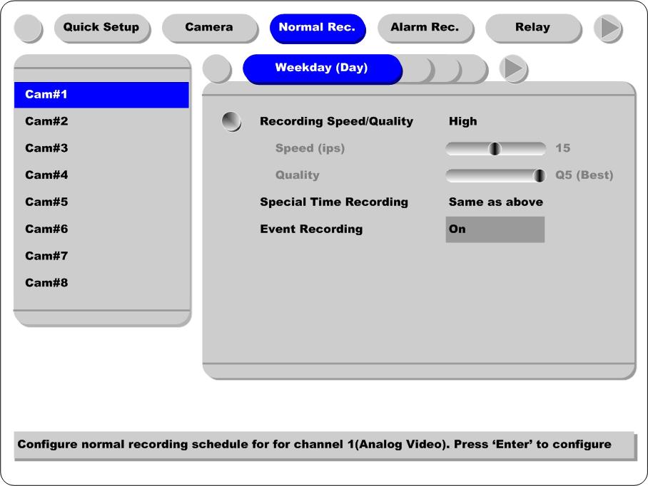 edvr DS800 Basic Configuration 5.3. Normal Rec. This menu is for configuring the normal recording settings based on channel and timetable.