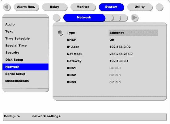 edvr DS800 Basic Configuration 5.7.7. Network There are four sub-menus; Network, xdsl, HRS, and Port Setting. 5.7.7.1. Network This page is to define network type and set network addresses forhvr-08e.