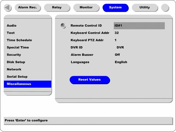 edvr DS800 Basic Configuration 5.7.9. Miscellaneous < Button control > - Press [MENU] button and select Miscellaneous below the System tab.