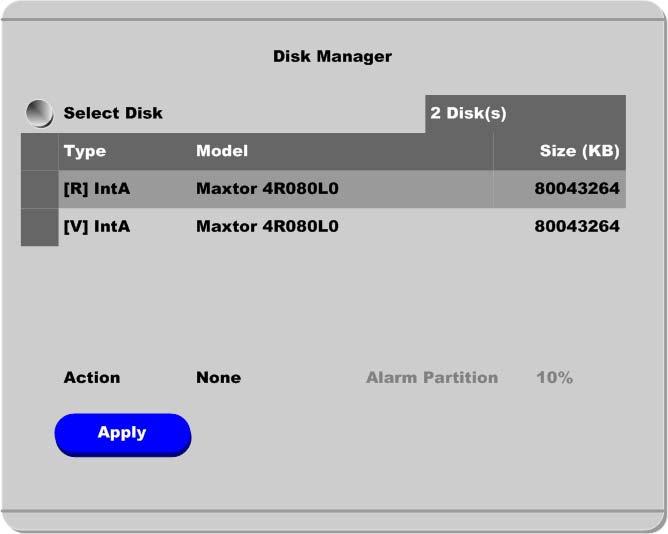 Basic Configuration edvr DS800 5.8.1. Disk Manager A connected HDD is detected automatically. Select Disk To select a Disk. Action Select from Add/Remove/Format/Confirm Removed/Add used.