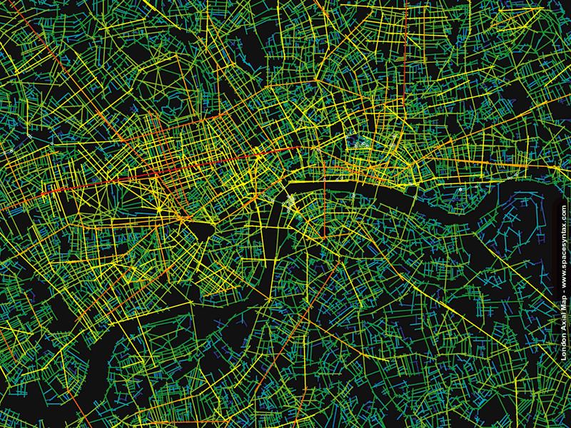 Axial map & neighborhoods, central London The City Covent Garden Soho (The more red the line, the