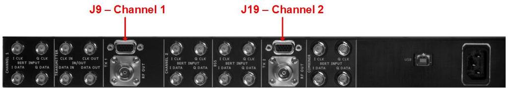 Figure 7: Receiver Analyzer Back Panel, J9 and J19 Labeled The female DB-15 connector pins are numbered as shown in Figure 8.