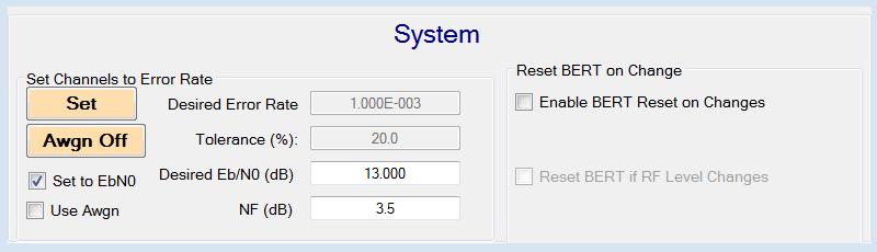 Add One Bit Error button - Click on this button to add a single bit error to the test stream Figure 42: Error Generator 5.3.2.6 System The System section includes Set Channels to Error Rate and Reset BERT on Change.