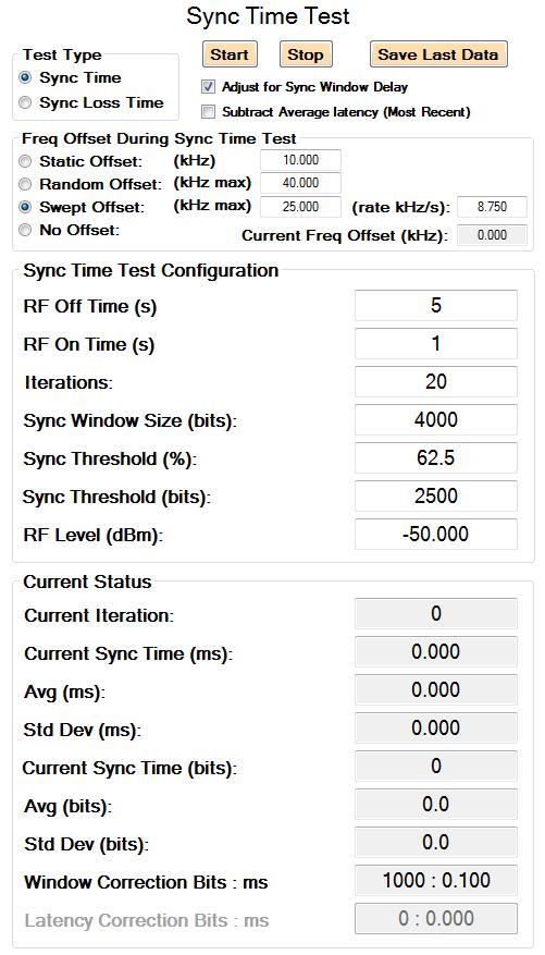 5.3.3.3 Sync Time Test The Sync Time Test indicates how quickly a receiver can acquire an incoming RF signal and achieve synchronization to the data.