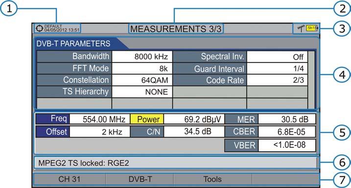 MEASUREMENT 3/3: MEASUREMENT + PARAMETERS Figure 22. Selected installation, date and time. Number of view / total views. Selected band, battery level. Demodulation parameters of the locked signal.