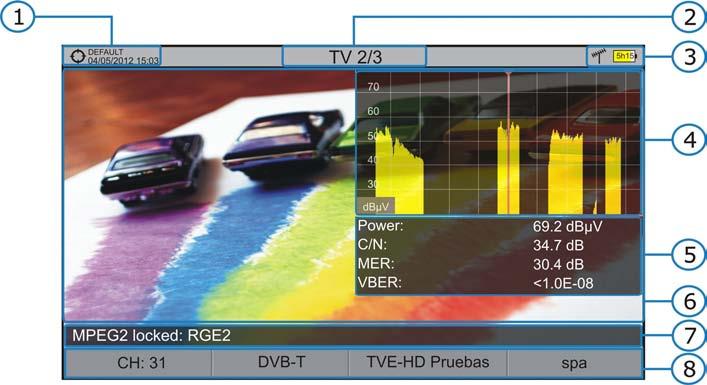 TV 2/3: TV + SPECTRUM + MEASUREMENT Figure 30. Selected installation, date and time. Number of view / total views. Selected band, battery level. Tuned service image. Spectrum.