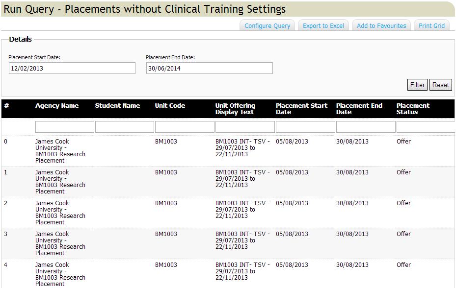 Placements without Clinical Training Settings If the HWA Report shows any Clinical Training Settings that are Not Identified, Placement Coordinators should run the query Placements without Clinical