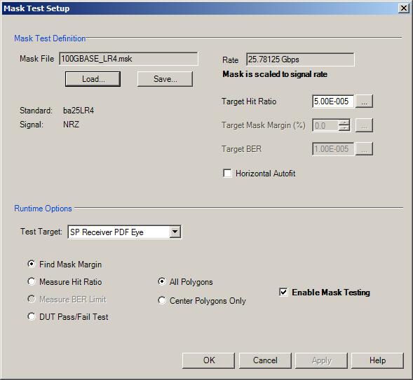 Operating basics About mask test settings About mask test settings The Mask Test setup dialog defines the target and parameters of mask testing.