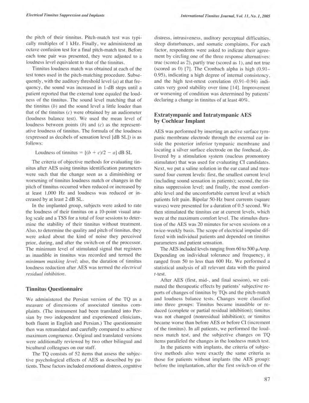 Electrical Tinnitus Suppression and Implants International Tinnitus Journal, Vol.ll, No.1, 2005 the pitch of their tinnitus. Pitch-match test was typically multiples of I khz.