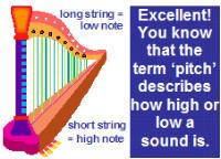 Talk with children about sounds made by individual instruments and help them to describe the pitch of sounds using terms eg high, low and