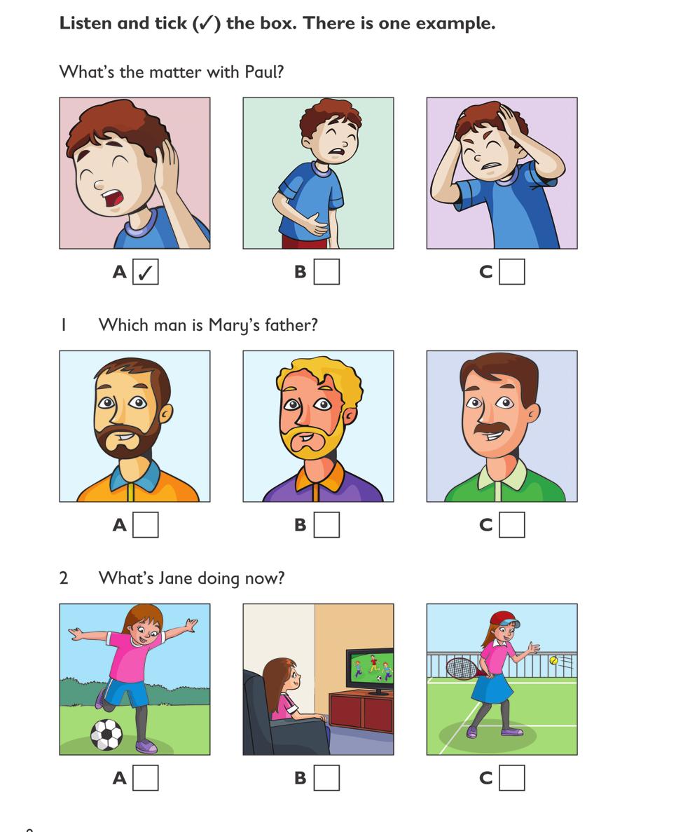 Listening Part 4 Part 4 contains five three-option multiple-choice questions with pictures. Students listen to five dialogues there is one question for each dialogue.