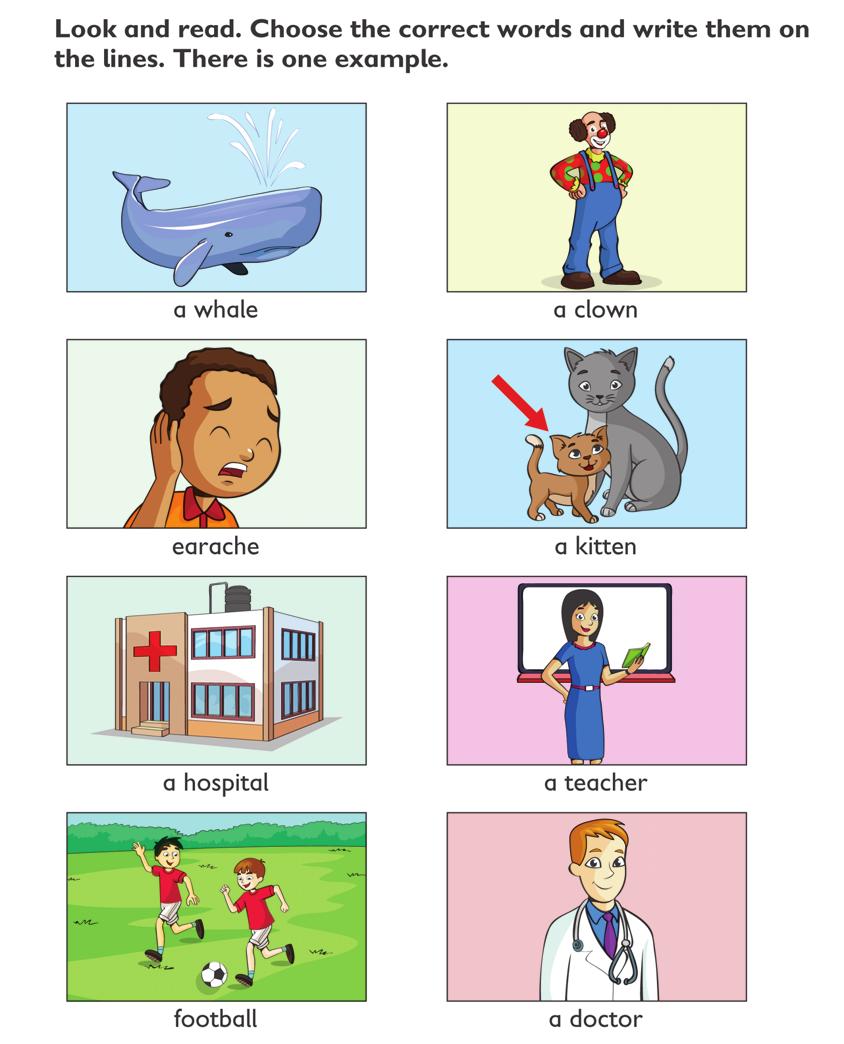 Reading & Writing Part 1 There are five definitions and eight nouns, which are illustrated. Students write the correct word next to each definition. There is one example.