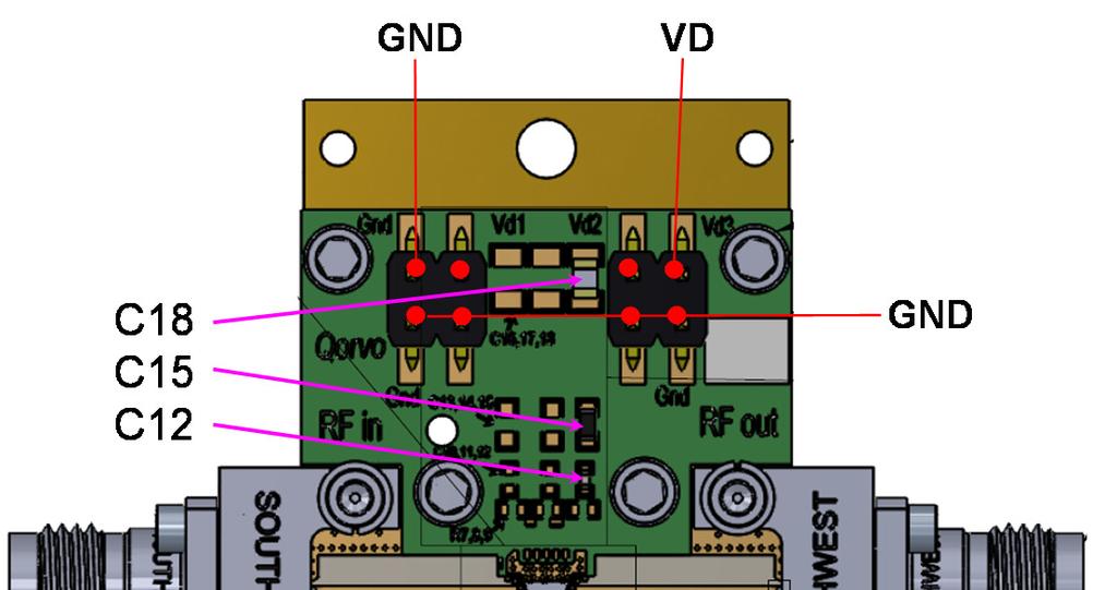 Application Circuit and Evaluation Board Layout C12 C15 C V D.1 uf 1. uf 1 uf 8 7 6 RF IN 1 5 RF OUT 2 3 4 V G C9 C6 C3 1 uf 1. uf.1 uf Notes: 1.