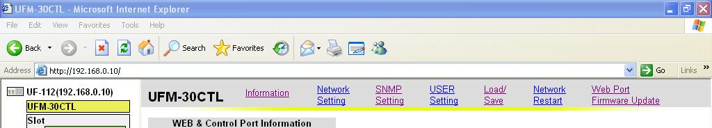 Information Page Description Refer to Network Settings Displays LAN1 (WEB) and LAN2 (SNMP) port network settings and other information.