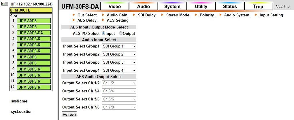 5-3-12. AES Audio Source Selection (AES Setting) (FS-DA) Menu item Default Setting range Description AES I/O Select Input Input Output Allows you to select AES Input or AES output.